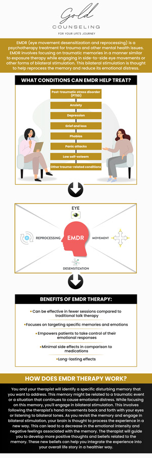 The goal of Eye Movement Desensitization and Reprocessing (EMDR) therapy is to change the feelings, ideas, or behaviors caused by trauma. When traumatic memories are reactivated, they can interrupt daily functioning and have a detrimental impact on all parts of an individual's life. Eye movement desensitization and reprocessing is available at Gold Counseling. For more information, contact us or book an appointment online. We have convenient locations to serve you in Riverdale, Kaysville, Draper, and St. George UT. The goal of Eye Movement Desensitization and Reprocessing (EMDR) therapy is to change the feelings, ideas, or behaviors caused by trauma. When traumatic memories are reactivated, they can interrupt daily functioning and have a detrimental impact on all parts of an individual's life. Eye movement desensitization and reprocessing is available at Gold Counseling. For more information, contact us or book an appointment online. We have convenient locations to serve you in Riverdale, Kaysville, Draper, and St. George UT.