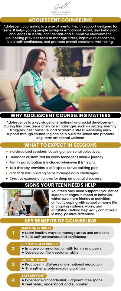 Teenage mental health difficulties can be significantly improved by the treatment given by mental health professionals. Adolescents are frequently the first to experience several symptoms linked to mental health disorders. Adolescent counseling is available at Gold Counseling. For more information, contact us or book an appointment online. We have convenient locations to serve you in Riverdale, Kaysville, Draper, and St. George UT.