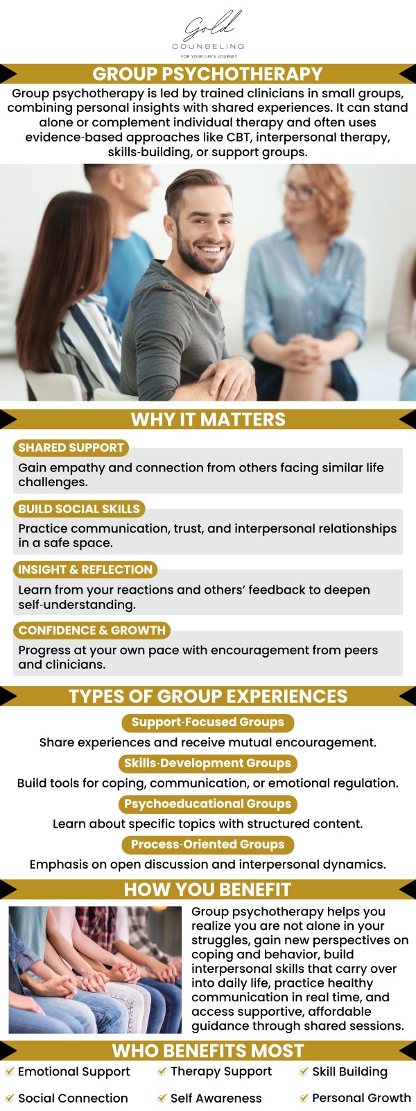 There are several important advantages to group therapy, the primary among them is the support it offers. Getting feedback from people going through similar experiences gives you the comforting knowledge that you're not alone in your struggles. Group psychotherapy is available at Gold Counseling. For more information, contact us or book an appointment online. We have convenient locations to serve you in Riverdale, Kaysville, Draper, and St. George UT. There are several important advantages to group therapy, the primary among them is the support it offers. Getting feedback from people going through similar experiences gives you the comforting knowledge that you're not alone in your struggles. Group psychotherapy is available at Gold Counseling. For more information, contact us or book an appointment online. We have convenient locations to serve you in Riverdale, Kaysville, Draper, and St. George UT.