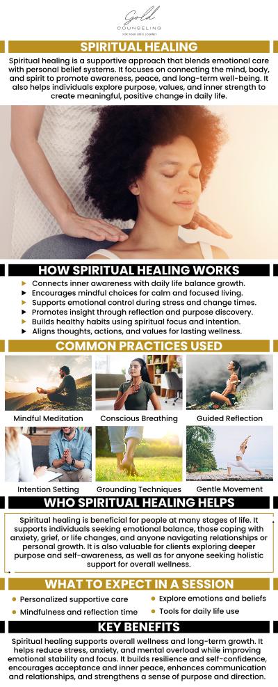Exploring mental well-being via spiritual values, beliefs, and practices is part of the holistic therapeutic method of spiritual healing. This practice is used to assist patients in incorporating theology into the treatment of mental health or spiritual issues. Spiritual healing is available at Gold Counseling. For more information, contact us or book an appointment online. We have convenient locations to serve you in Riverdale, Kaysville, Draper, and St. George UT.